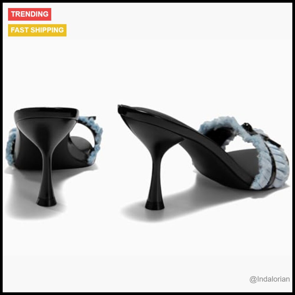 Open Toe Bow Tie Stiletto Mule Sandals with Ruffle Fabric - Picture 5 of 5